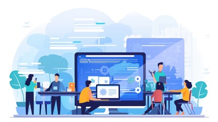 scene depicting a team of developers working on mobile app development, coding for ios or android pl