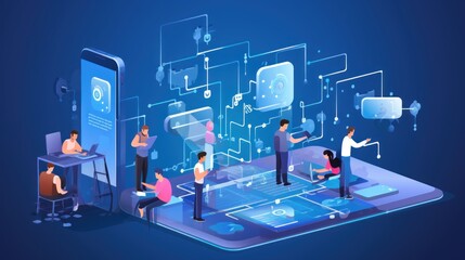 Scene depicting a team of developers working on mobile app development, coding for iOS or Android platforms