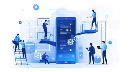 Scene depicting a team of developers working on mobile app development, coding for iOS or Android platforms