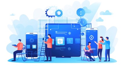 Scene depicting a team of developers working on mobile app development, coding for iOS or Android platforms