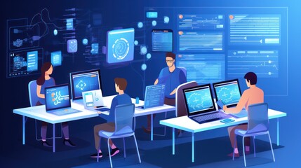 Scene depicting a team of developers working on mobile app development, coding for iOS or Android platforms