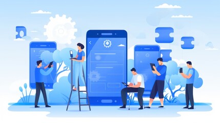 Scene depicting a team of developers working on mobile app development, coding for iOS or Android platforms