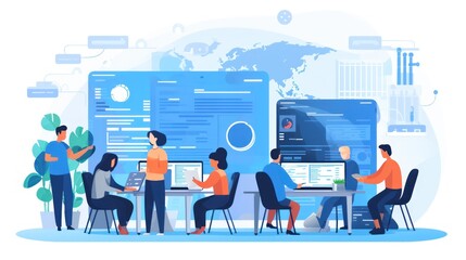 Scene depicting a team of developers working on mobile app development, coding for iOS or Android platforms