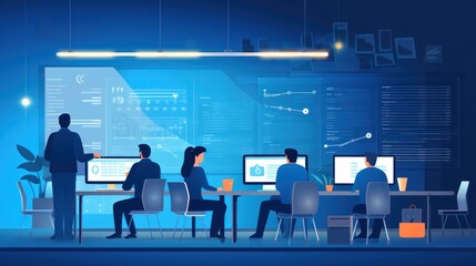 Scene depicting a team of developers working on mobile app development, coding for iOS or Android platforms