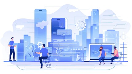 Scene depicting a team of developers working on mobile app development, coding for iOS or Android platforms