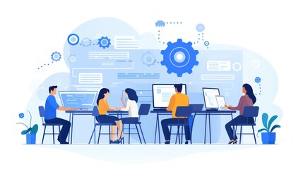 Scene depicting a team of developers working on mobile app development, coding for iOS or Android platforms