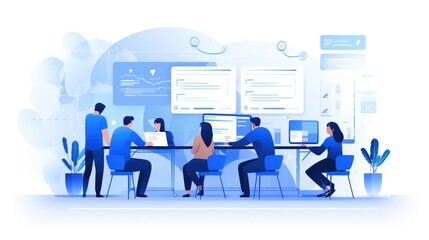 Scene depicting a team of developers working on mobile app development, coding for iOS or Android platforms
