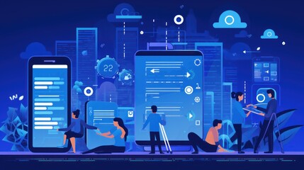 Scene depicting a team of developers working on mobile app development, coding for iOS or Android platforms