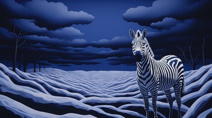 Poster -  a painting of a zebra standing in a snowy field at night.  generative ai