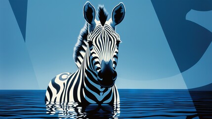 Poster -  a zebra standing in the water with its head above the water.  generative ai