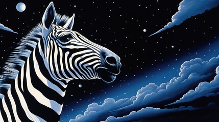 Canvas Print -  a painting of a zebra in the night sky with stars and clouds.  generative ai