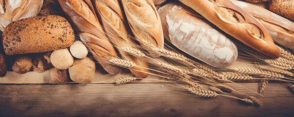 different types of bread and wheat ears on wooden table background, flat lay, a view from the top, banner concept