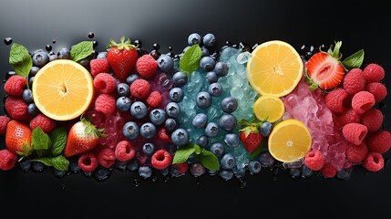 Poster -  a bunch of fruit that are on a black surface with water droplets.  generative ai