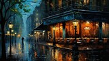 Fototapeta Londyn -  a painting of a man walking down a street at night.  generative ai