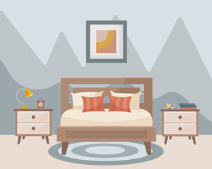 Bedroom interior: bed, pillows, bedside tables, table lamp, mug, books. Interior concept. Vector flat illustration.