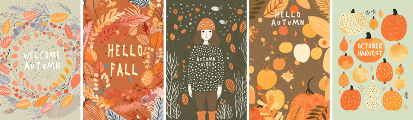 Wall Mural - Autumn. Autumn mood. Girl and fall backgrounds. Set of vector illustrations. Beautiful autumn, great design for any purposes.