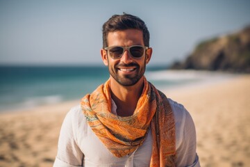 Wall Mural - Group portrait of an Indian man in his 30s wearing a foulard in a beach 