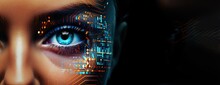 Close Up Female Eyes As A Biometrics Eye Scanning Photorealistic Futuristic Digital Cyber Technology Colourful Facial Recognition, Dark Background