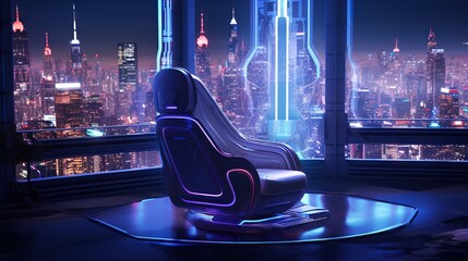 Wall Mural -  a futuristic chair in front of a window overlooking a city at night.  generative ai