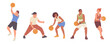Isolated set of young athlete basketball players characters with ball in different playing position