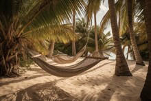 A Relaxing Hammock Between Two Swaying Palm Trees On A Picturesque Beach