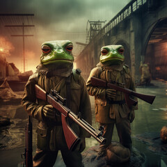 Wall Mural - Frog soldiers in a flooded post-apocalyptic city