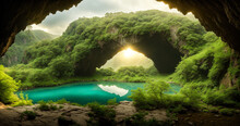 Majestic Stone Arch Oasis. View From The Depths Of A Cave As You Gaze Upon An Oasis Bathed In Sunlight. Lush Vegetation Surrounds A Tropical Lake, And A Majestic Stone Arch Frames The Scene. 