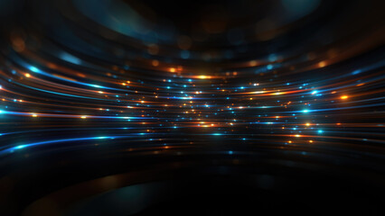 Wall Mural - dynamic abstract technology backdrop. curved backdrop made of orange and blue particle flares on a b