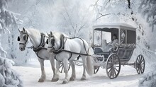  A White Horse Drawn Carriage Traveling Through A Snow Covered Forest.  Generative Ai