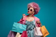 Stylish woman shopper in sunglasses holding colorful shopping bags - AI Generated