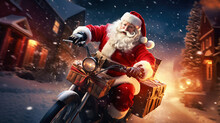 Santa In Red Delivers Christmas Cheer, Riding His Motorcycle Through The Snowy Night, His Journey Lit By Streetlights And Filled With Festive Speed. Generative AI