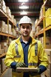 © Naveen - A worker in a warehouse, wearing a bright yellow vest and hard hat, carrying a box in his hands, with blurred shelves and stacks of boxes in the background