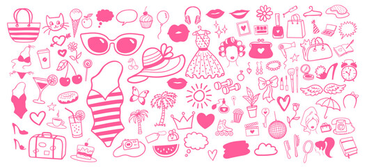Vector illustration collection of summer vacation lifestyle isolated pink doodles