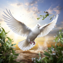 Wall Mural - Global peace concept, a white dove holding an olive branch