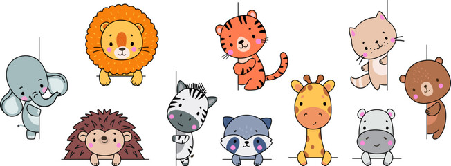 Poster - Animals looking out, funny animal peeking out window and wall. Cartoon lion, cat, hedgehog, adorable elephant and tiger, nowaday vector characters