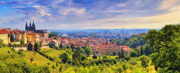 Wall Mural - Summer cityscape, panorama, banner - view of the Hradcany historical district of Prague and castle complex Prague Castle, Czech Republic