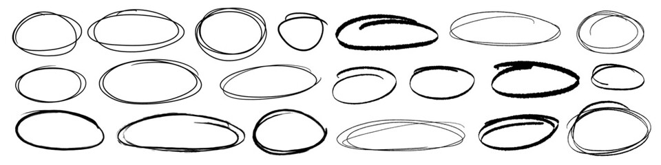 Handdrawn doodle grunge circle highlights. Charcoal pen round ovals. Marker scratch scribble inrounder. Round scrawl frames. Vector illustration of freehand painted circular note
