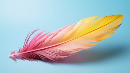 Wall Mural - Minimal composition made of yellow and pink feather on pastel blue background.