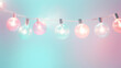 Minimal background made of pastel color christmas lights against aquamarine and pink background