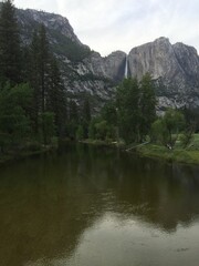 Canvas Print - Tranquil pond surrounded by lush green foliage and waterfall in Yosemite National Park, California