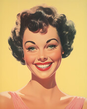 Minimalistic Retro Postcard Of Happy Woman In Pink Dress, Smiling Face And Open Eyes, Look Straight On Yellow Background