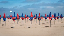 Bright And Vibrant Beach Scene With A Row Of Colorful Umbrellas Near The Shoreline
