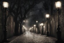 AI Generated Illustration Of A Scenic View Of A Cobblestone Pathway Lined With Streetlights
