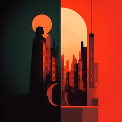 Wall Mural - AI generated illustration of a modern cityscape with abstract shapes in shades of green and red