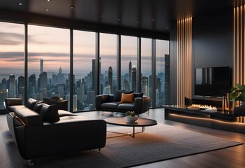 Wall Mural - Modern living room showcasing a stunning view of the city skyline, AI-generated.