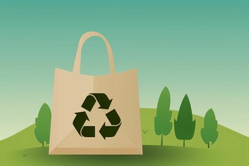 Poster - AI generated illustration of A paper bag with a green Recycle symbol sits on a flat surface