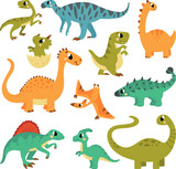Fototapeta Dinusie - Dino funny characters, dinosaur cartoon elements. Pterodactyl and t-rex, adorable dinos. Prehistoric simpre wild animals classy vector clipart