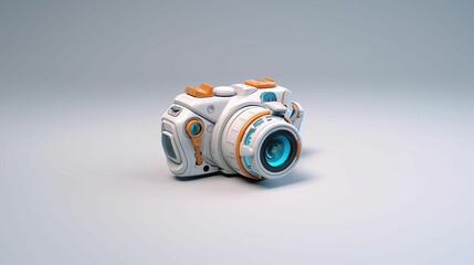 Sticker - Digital camera and lens resting on a grey background, AI-generated.