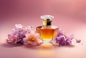 Sticker - AI-generated illustration of a bottle of perfume with assorted blooms placed on a pink background