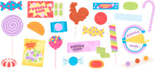 Lollipops And Bubble Gum, Cartoon Sweet Candies. Isolated Chewing Gums Pack And Sticky. Holiday Kids Jelly Candy, Sweets Racy Vector Set